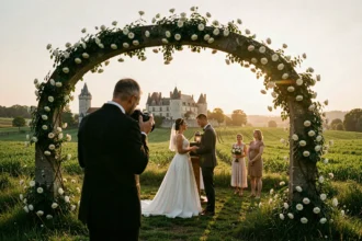 Photographe de mariage au travail en Seine-et-Marne avec un couple devant un château médiéval