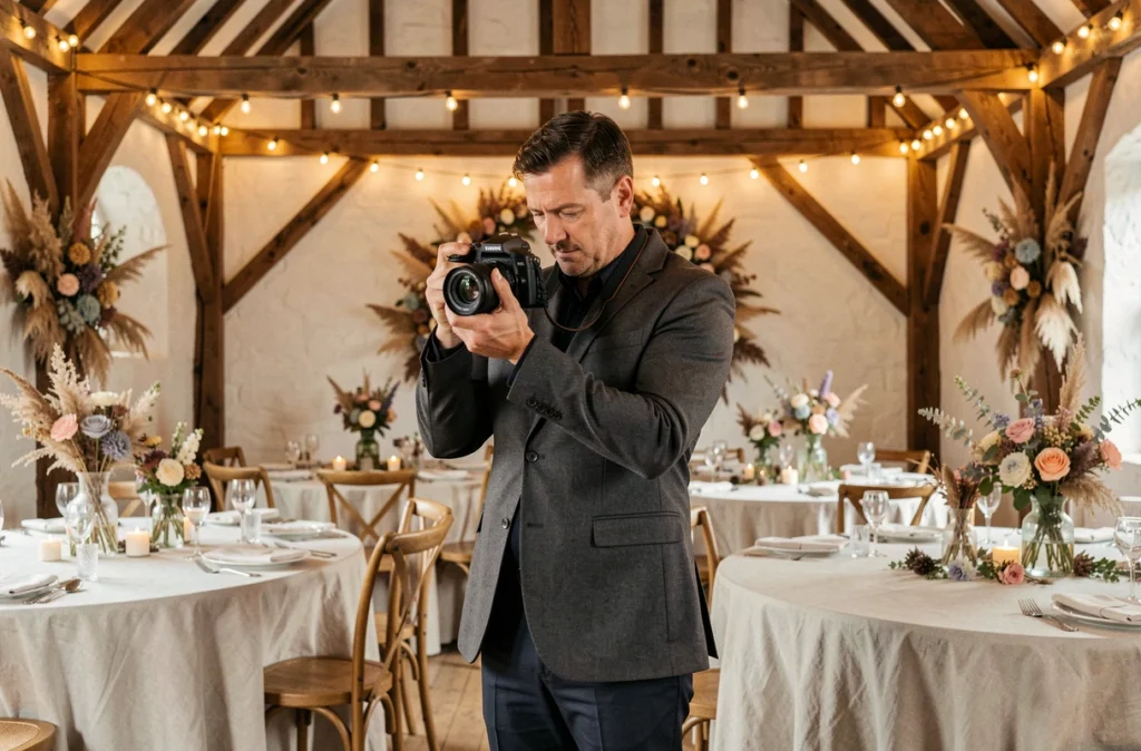 Milasio photographe expert mariage inspectant ses clichés dans une grange décorée en Seine-et-Marne