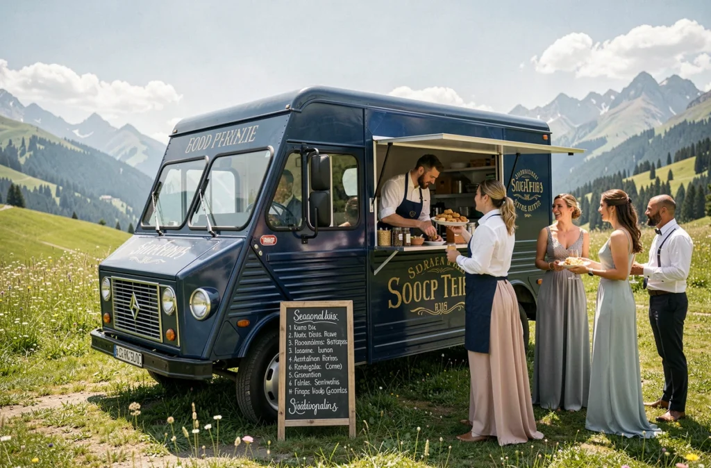 Food truck ML Gourmet-Truck garé dans un pré alpin lors d'une réception de mariage