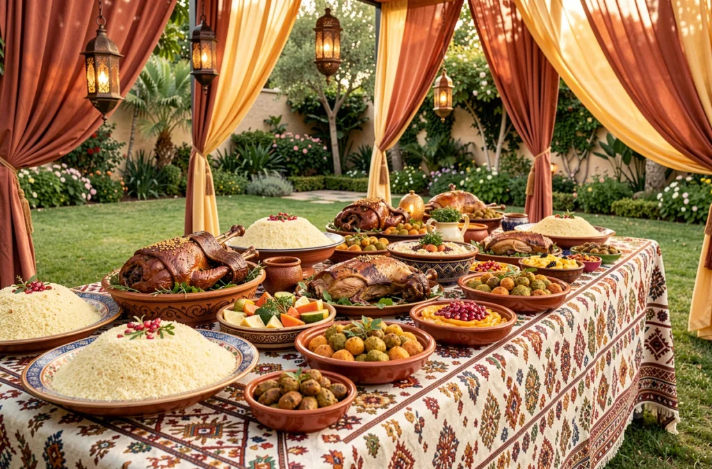 Grand festin de mariage oriental de Nourness Traiteur avec couscous, agneau rôti et mezze colorés sur table brodée en plein air