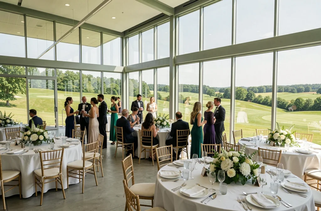 Salle de réception de l'Orangerie de l'Anjou Golf avec vue dégagée sur le golf et la campagne
