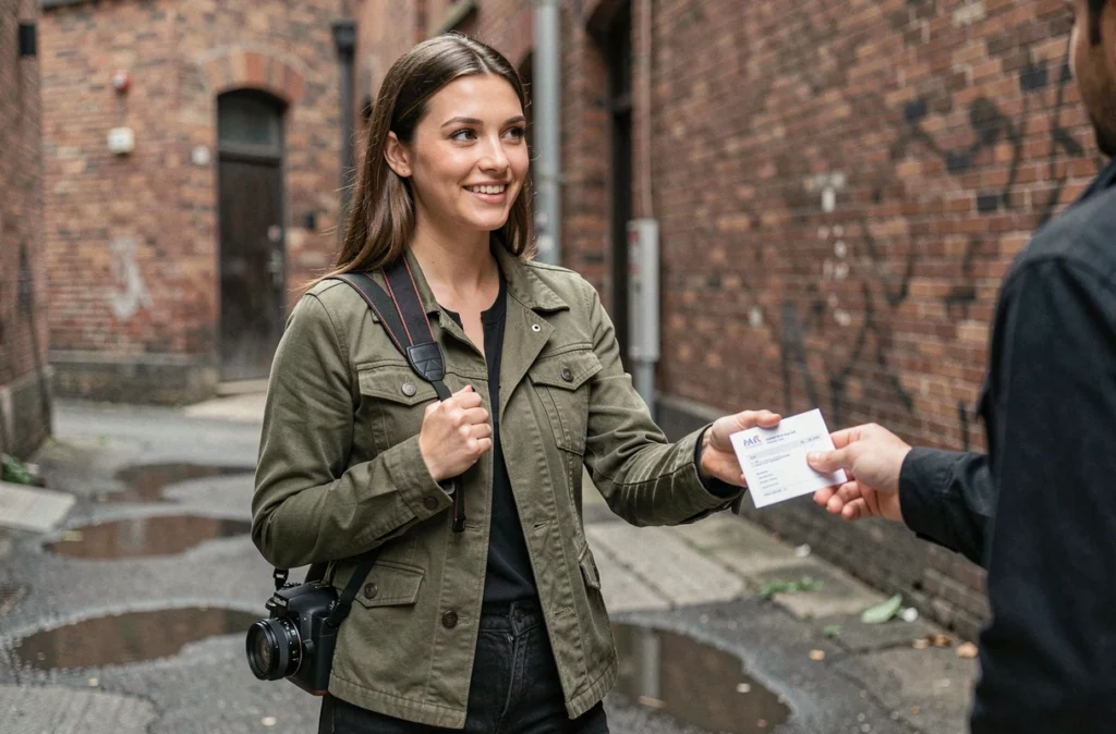 Photographe débutante en extérieur remettant une facture à un client, symbolisant la tarification des premières missions photo
