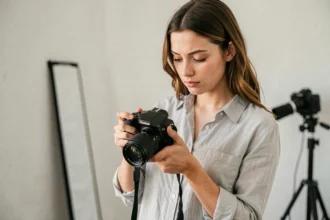 Jeune photographe débutante tenant un appareil photo dans un petit studio, illustrant les tarifs d'un photographe en début de carrière