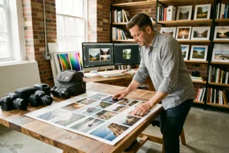 Photographe professionnel examinant un portfolio imprimé dans un studio équipé, pour choisir le bon prestataire photographique