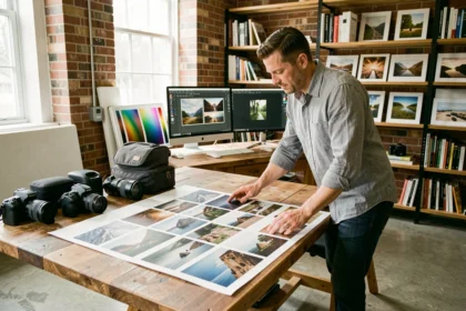 Photographe professionnel examinant un portfolio imprimé dans un studio équipé, pour choisir le bon prestataire photographique