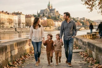 Famille heureuse se promenant sur les quais de Saône à Lyon en automne, photographiée par un photographe famille professionnel