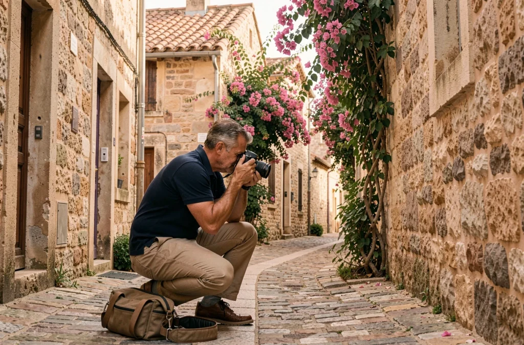 Photographe masculin en train de photographier une ruelle en pierre du village médiéval de Haut-de-Cagnes