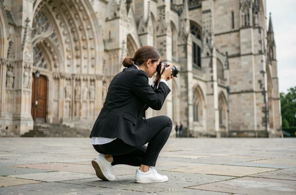 Photographe de mariage en action près de la cathédrale d'Arras lors d'une séance photo en extérieur