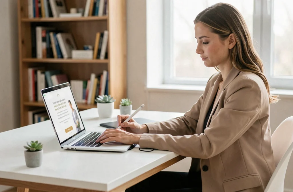 Photographe de mariage créant un modèle de devis personnalisé sur ordinateur portable dans un bureau moderne