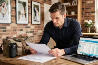 Photographe de mariage examinant un devis détaillé avec tarifs et prestations sur une table en bois dans un studio professionnel