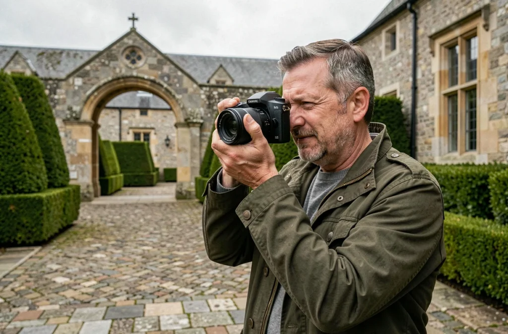 Photographe de mariage évaluant un lieu de réception en extérieur pour préparer une prestation photographique