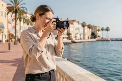 Photographe professionnelle ajustant son appareil photo sur la promenade de Cagnes-sur-Mer avec vue sur la Méditerranée