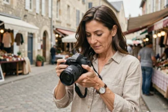 Photographe professionnelle à Coulommiers tenant son appareil photo reflex devant les rues pavées du marché local
