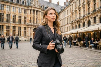 Photographe professionnelle se promenant sur la Grand'Place d'Arras avec son appareil photo reflex