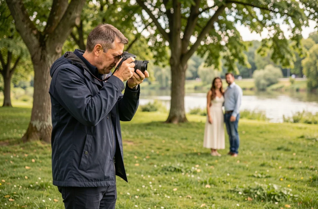 Photographe masculin en pleine séance photo de couple dans un parc verdoyant à Coulommiers