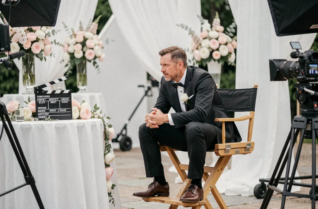 Plateau de tournage décoré en salle de mariage avec acteur assis sur une chaise de réalisateur entouré d'équipements de cinéma