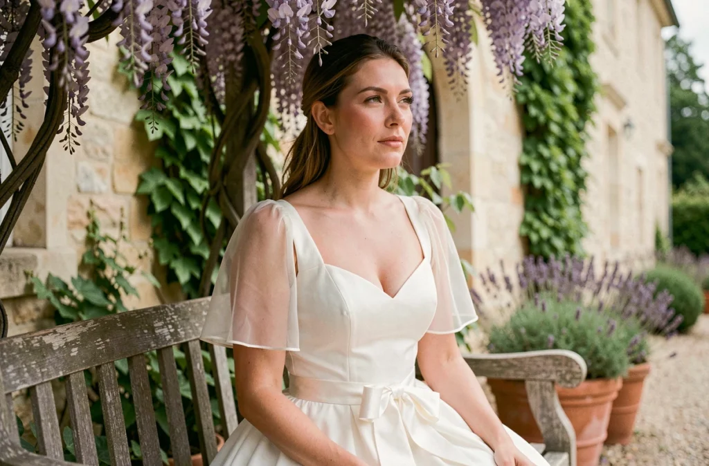 Mariée assise en robe empire blanche à manches en organza sous une glycine dans un domaine champêtre