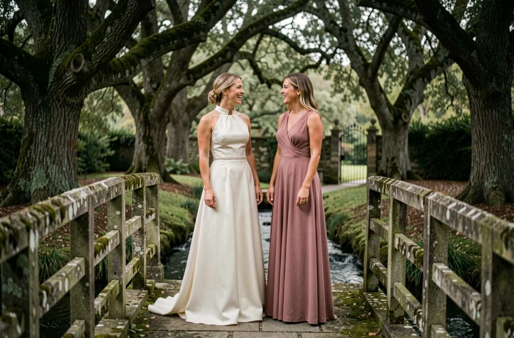 Mariée et demoiselle d'honneur en robes empire sur un pont de pierre dans un jardin boisé champêtre