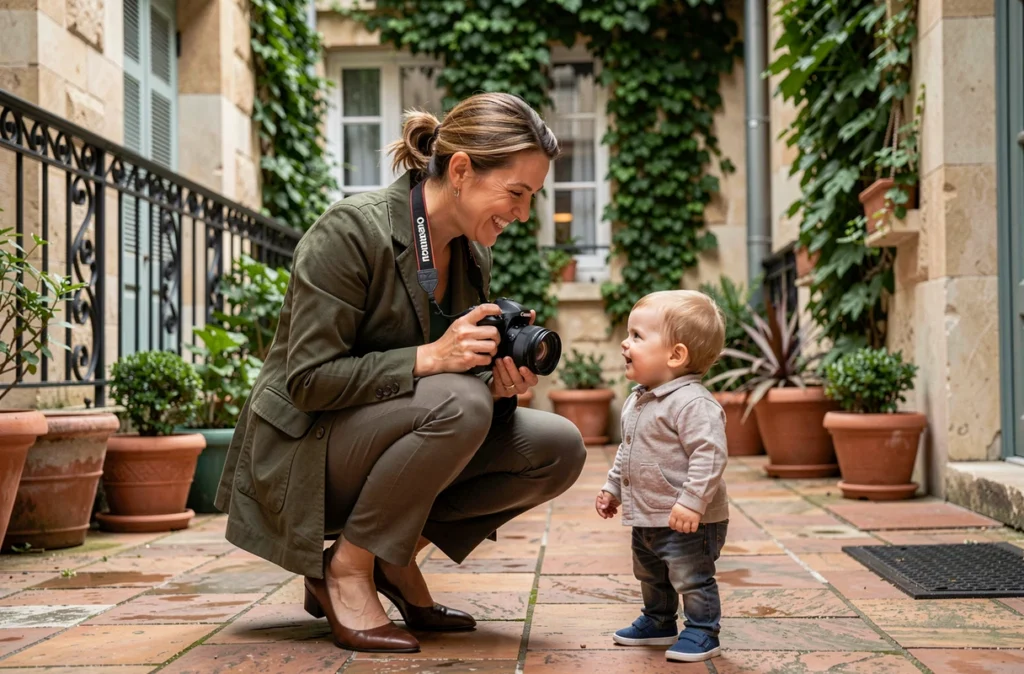 Photographe famille professionnelle à Lyon en action dans une cour intérieure avec un jeune enfant