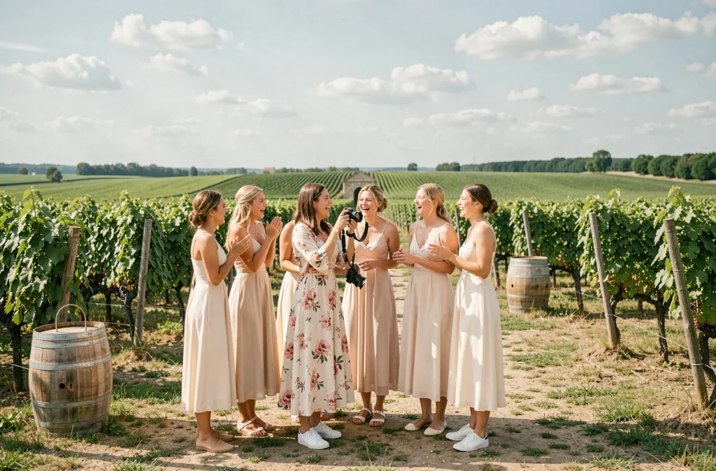 SIKELY Grace photographiant des demoiselles d'honneur dans un vignoble ensoleillé de Seine-et-Marne