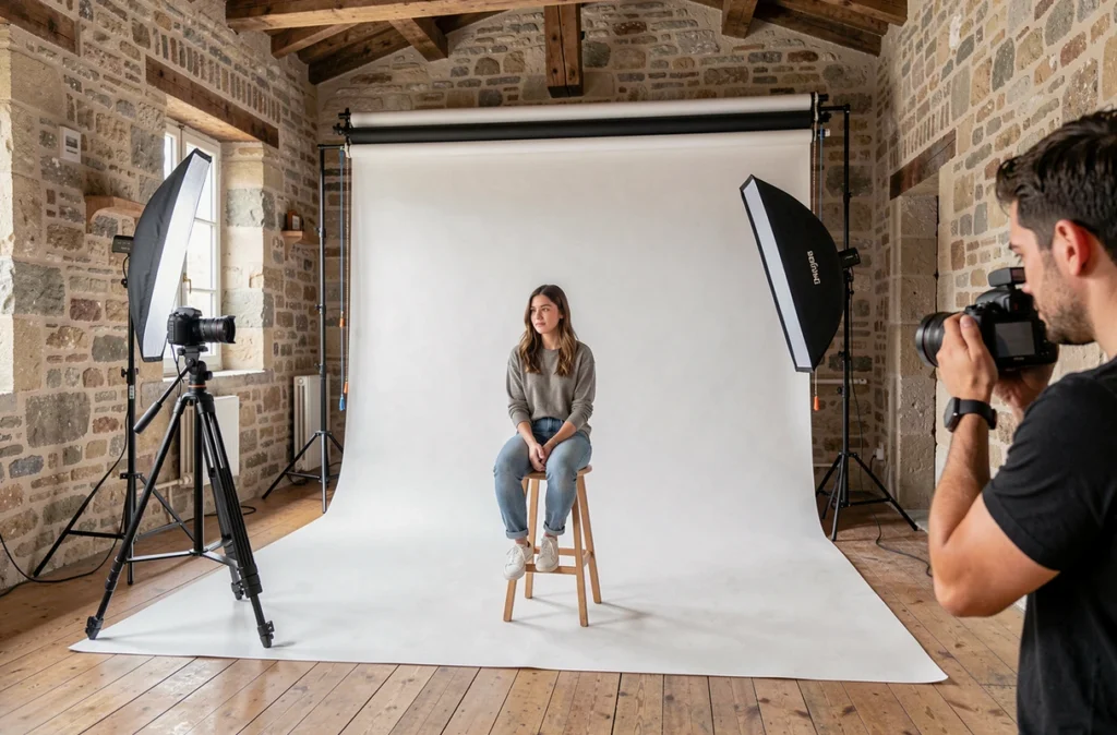 Studio photo professionnel aménagé avec équipement complet pour une séance portrait à Coulommiers