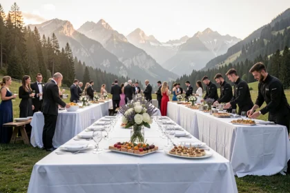 Réception de mariage en plein air en Haute-Savoie avec tables dressées et montagnes en arrière-plan