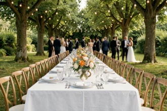 Table de réception de mariage élégante en plein air dans le Val-de-Marne, avec linge blanc, vaisselle fine et fleurs de saison