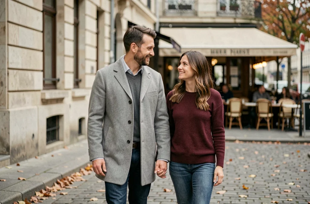 Couple discret marchant dans une rue parisienne en automne, symbolisant la frontière entre vie publique et vie privée d'une personnalité médiatique