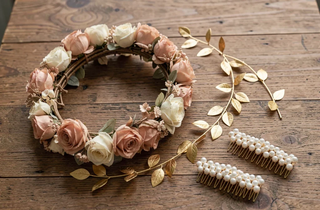 Couronne de fleurs séchées, hair vine et peignes à perles posés sur une table