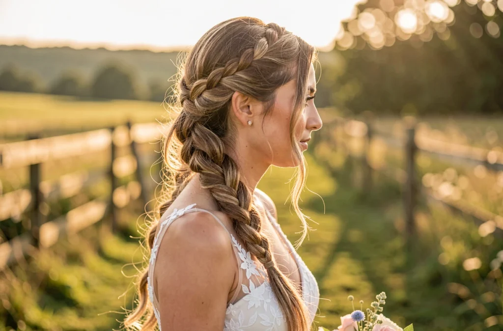 Tresse cascade bohème sur cheveux longs lors d'un mariage