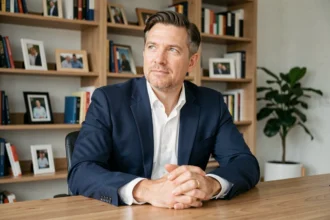 Homme en blazer marine portant une alliance dorée assis dans un bureau à domicile, illustrant la vie privée et l'équilibre entre vie personnelle et carrière médiatique